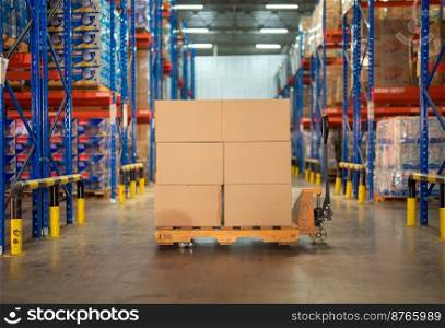 Interior of large warehouse retail store industry. Rack of furniture and home accessories stock storage. Interior of cargo in ecommerce and logistic concept. Depot