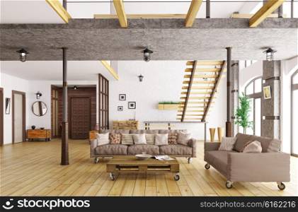 Interior of living room and hall with staircase and sofas 3d rendering