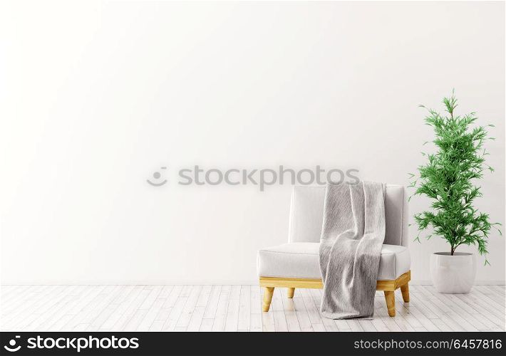 Interior of living room with armchair 3d rendering. Modern interior design of living room with white armchair,gray plaid on it and plant 3d rendering