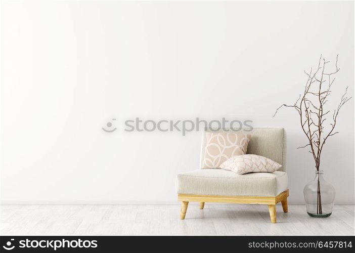 Interior of living room with armchair and vase with branch 3d rendering