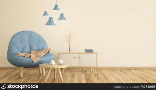 Interior of living room with armchair, coffee table and cabinet, home design 3d rendering