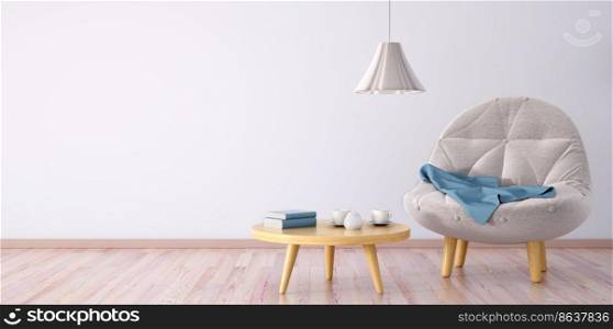 Interior of living room with armchair, coffee table and lamp, 3d rendering