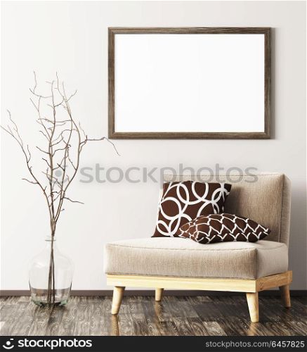Interior of living room with beige armchair,vase with branch and mock up frame 3d rendering