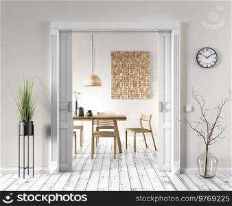 Interior of living room with beige wall and white door to the modern dining room, wooden table and chair, wooden decor on the wall. Contemporary home design. 3d rendering