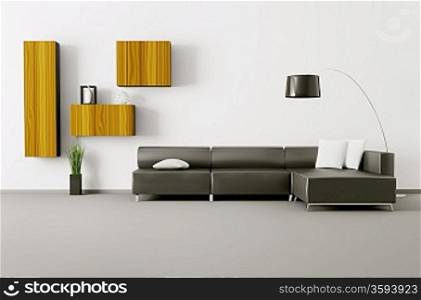 Interior of living room with black sofa 3d render