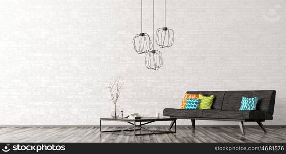 Interior of living room with black sofa, coffee table, lamps over brick wall 3d rendering