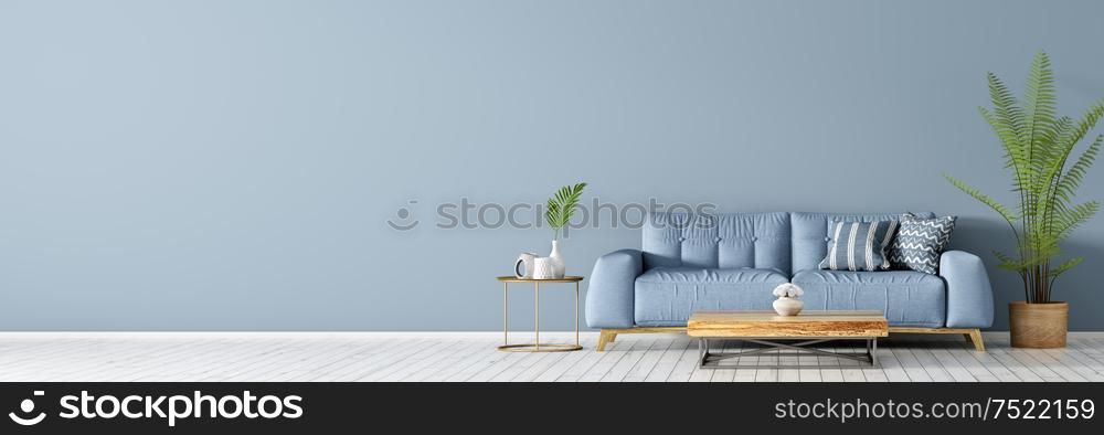 Interior of living room with blue sofa on the white hardwood floor, coffee table and palm, panorama 3d rendering