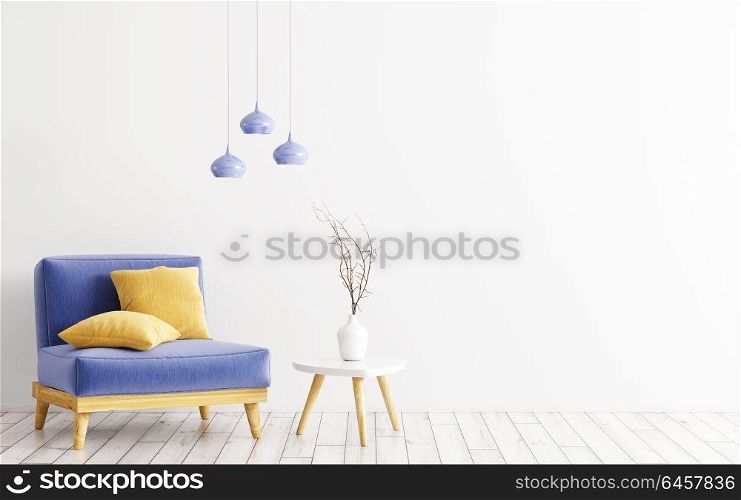 Interior of living room with blue velours armchair, yellow cushions, wooden coffe table with vase and lamps over white wall 3d rendering