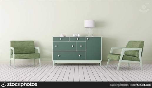 Interior of living room with chest of drawers, two armchairs 3d render