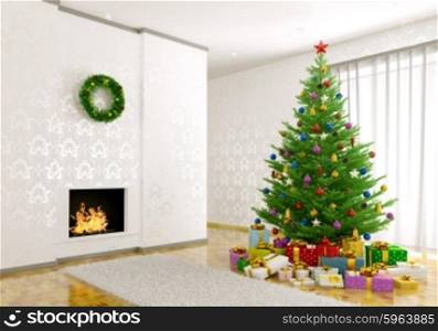 Interior of living room with christmas tree, fireplace, gifts 3d render