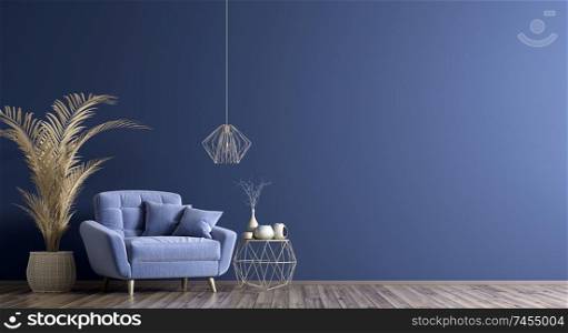 Interior of living room with coffee table and blue armchair, home design 3d rendering