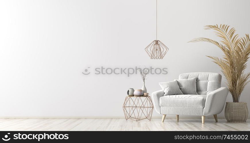 Interior of living room with coffee table and white armchair, home design 3d rendering