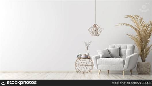 Interior of living room with coffee table and white armchair, home design 3d rendering