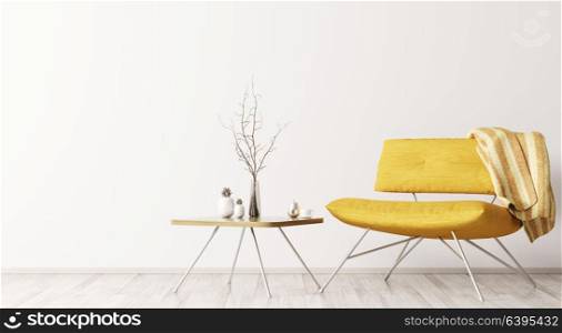 Interior of living room with coffee table and yellow armchair 3d rendering