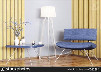 Interior of living room with coffee table, floor lamp and blue armchair 3d rendering