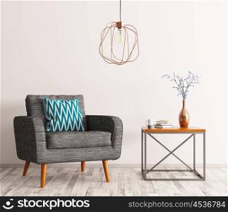 Interior of living room with coffee table,gray armchair and lamp 3d rendering