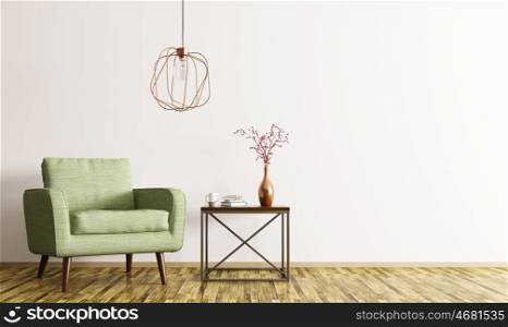 Interior of living room with coffee table, green armchair and lamp 3d rendering