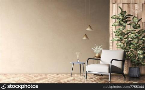 Interior of living room with coffee table, plant and gray armchair over the beige mock up wall with copy space 3d rendering