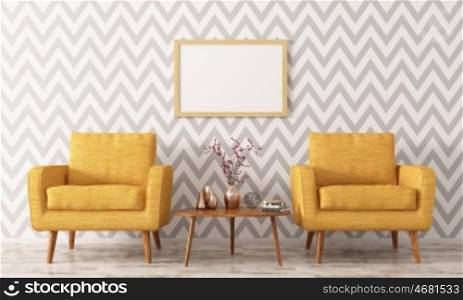 Interior of living room with coffee table, two yellow armchairs and frame 3d rendering