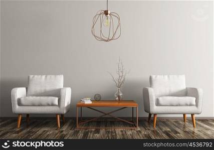 Interior of living room with coffee table, white armchairs and copper lamp 3d rendering
