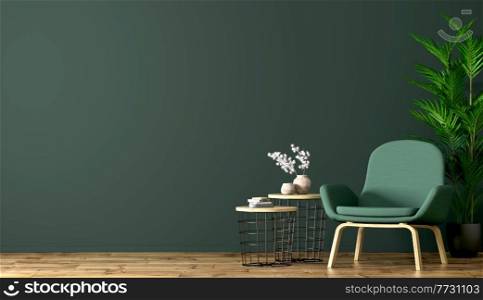 Interior of living room with coffee tables and armchair against green wall, home design 3d rendering