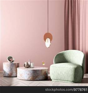 Interior of living room with coffee tables and green armchair, pink wall, window covered with curtain. Home design. 3d rendering
