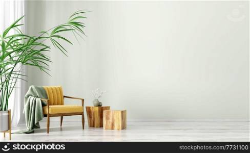 Interior of living room with coffee tables and yellow armchair, home design 3d rendering