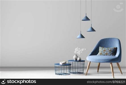 Interior of living room with coffee tables, l&s and  blue armchair over gray wall. Home design. 3d rendering