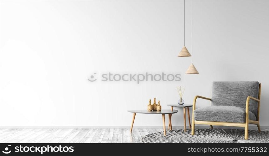 Interior of living room with coffee tables, lamp and gray armchair over the white wall mockup 3d rendering