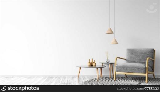 Interior of living room with coffee tables, lamp and gray armchair over the white wall mockup 3d rendering