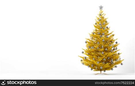 Interior of living room with decorated golden christmas or new year tree against of white wall with copy space 3d rendering