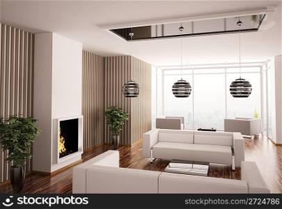 Interior of living room with fireplace 3d render