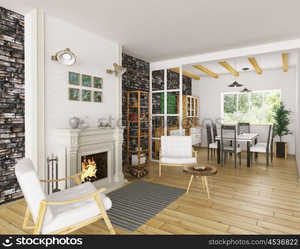Interior of living room with fireplace and dining room 3d rendering