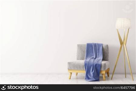 Interior of living room with gray velours armchair, blue plaid and wooden floor lamp over white wall 3d rendering