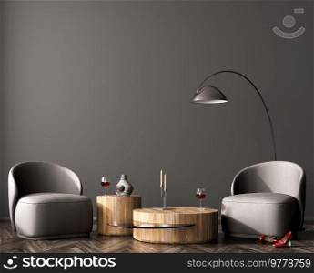Interior of living room with leather armchairs and coffee table, black floor l&over dark wall. Wine glass on the accent table and red heels on the floor. 3d rendering