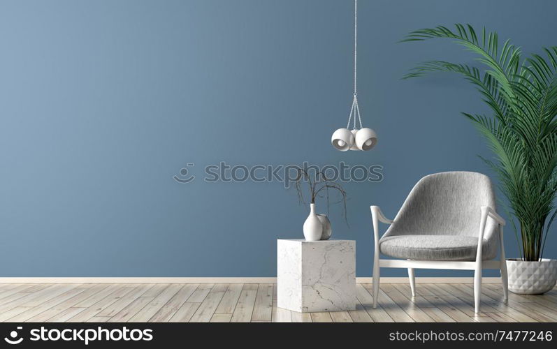 Interior of living room with marble coffee table, white lamp and gray armchair against blue wall with copy space 3d rendering