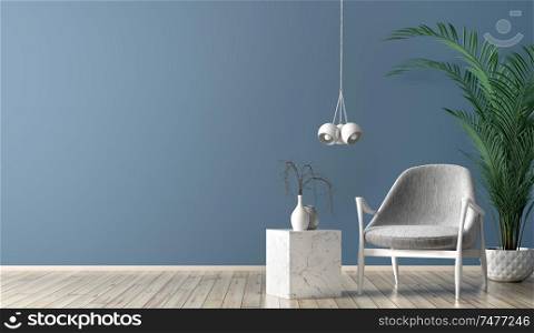 Interior of living room with marble coffee table, white lamp and gray armchair against blue wall with copy space 3d rendering