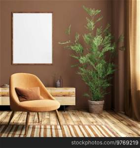 Interior of living room with orange armchair and mock up  poster, modern home design. 3d rendering