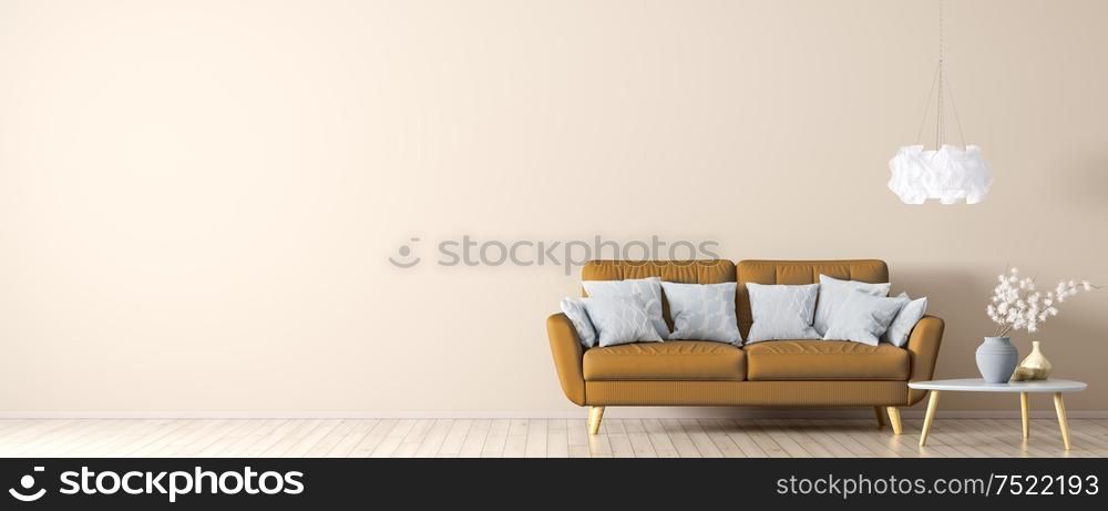 Interior of living room with orange sofa on the beige hardwood floor, coffee table and light, panorama 3d rendering