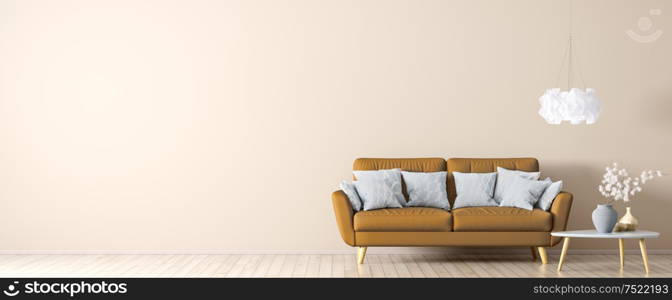 Interior of living room with orange sofa on the beige hardwood floor, coffee table and light, panorama 3d rendering