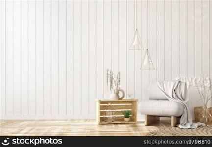 Interior of living room with pendant lights, white armchair with plaid over the white planks paneling wall. Farmhouse style. Home design. 3d rendering