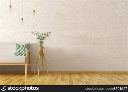 Interior of living room with plant on the wooden table and grey sofa over brick wall, scandinavian style, 3d rendering