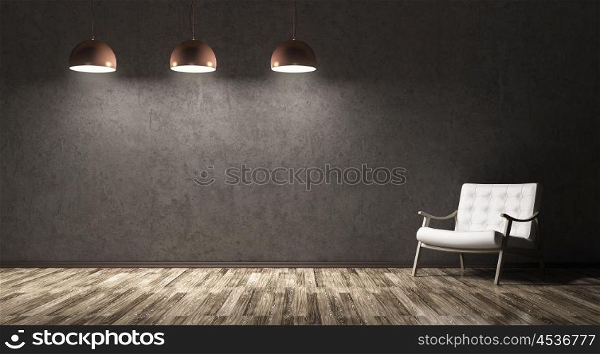 Interior of living room with recliner chair, wooden floor, three lamps over concrete wall 3d rendering
