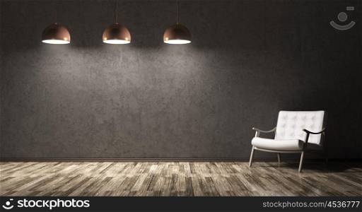 Interior of living room with recliner chair, wooden floor, three lamps over concrete wall 3d rendering
