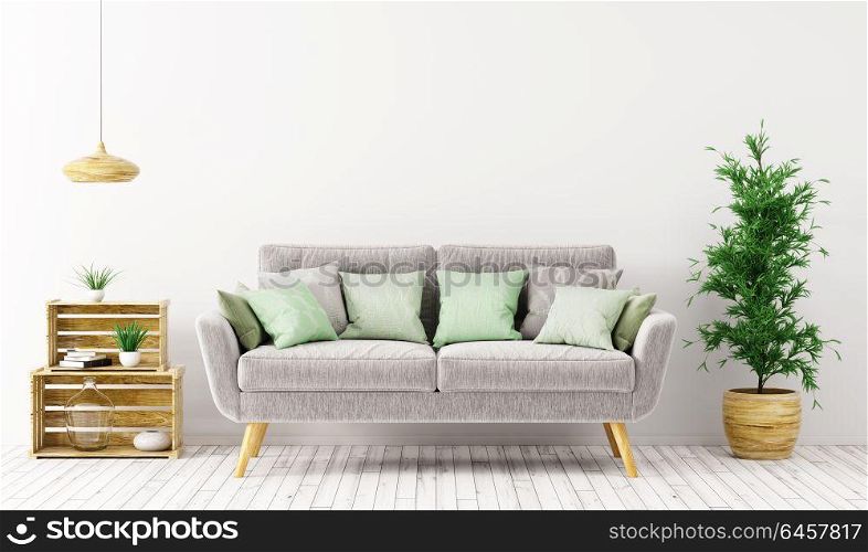 Interior of living room with sofa 3d rendering. Modern interior design of living room with gray sofa over white wall 3d rendering