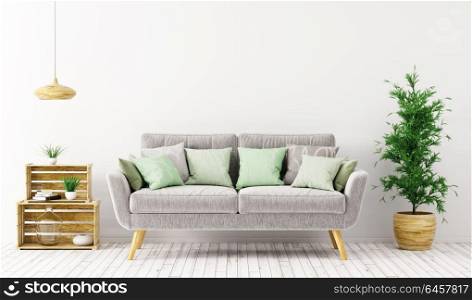 Interior of living room with sofa 3d rendering. Modern interior design of living room with gray sofa over white wall 3d rendering