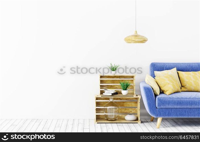 Interior of living room with sofa 3d rendering. Modern interior design of living room with blue sofa over white wall 3d rendering