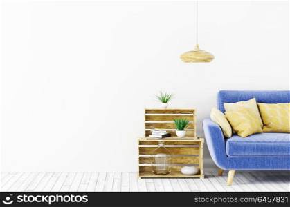 Interior of living room with sofa 3d rendering. Modern interior design of living room with blue sofa over white wall 3d rendering