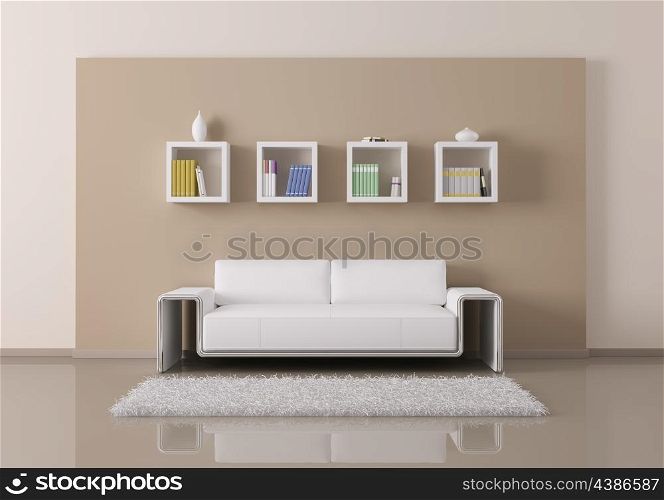 Interior of living room with sofa and bookshelves 3d render