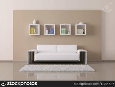 Interior of living room with sofa and bookshelves 3d render